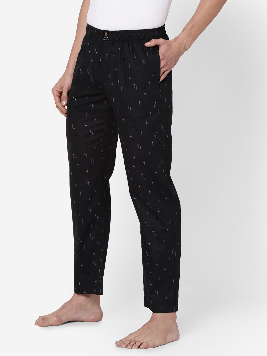 Men's Printed, Black, Cotton, Regular Fit, Elasticated, Waistband, Pyjama  With Side Pockets