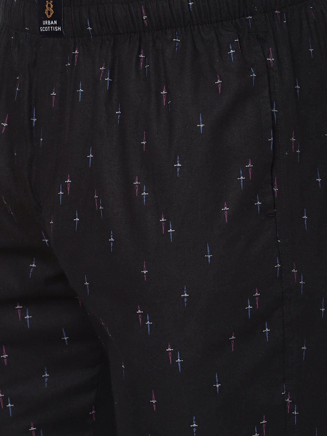 Men's Printed, Black, Cotton, Regular Fit, Elasticated, Waistband, Pyjama  With Side Pockets