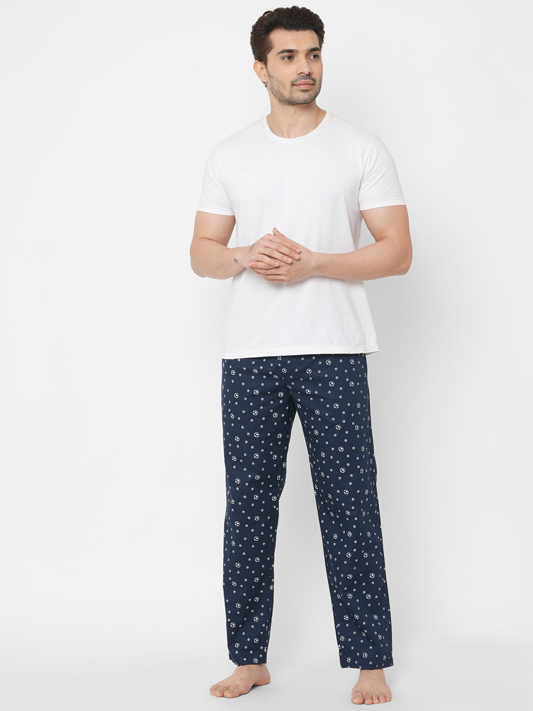 Women's Printed, Navy, Cotton, Regular Fit, Elasticated, Waistband, Pyjama  With Side Pockets