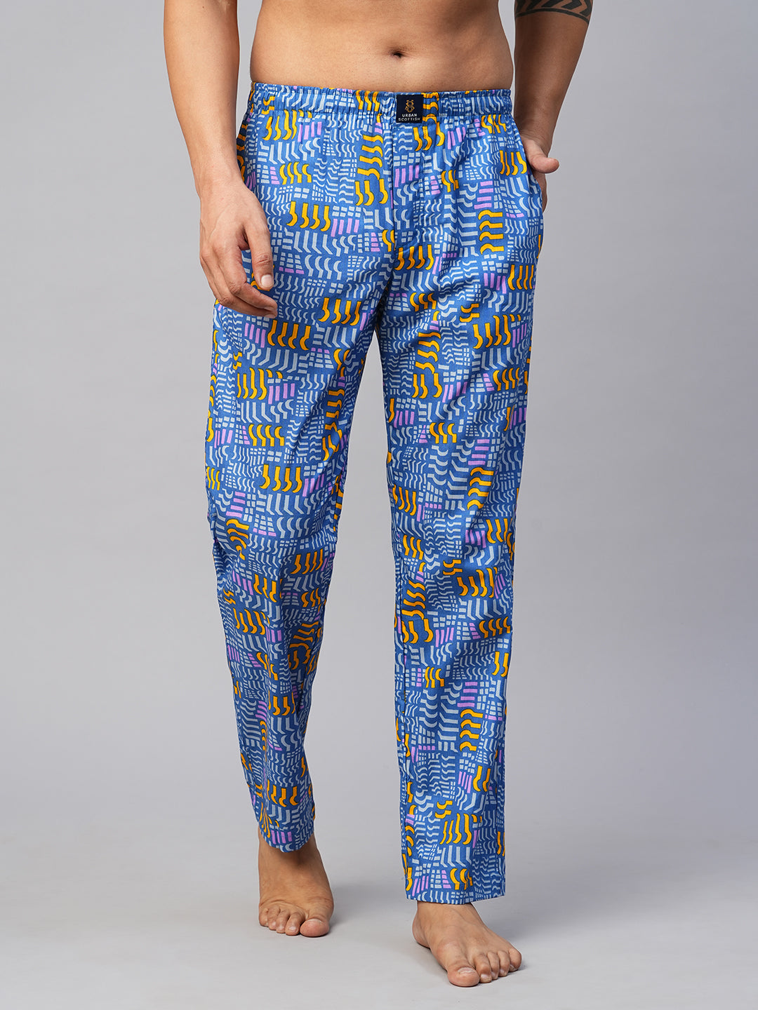 Men's Printed, Blue, Cotton, Regular Fit, Elasticated, Waistband, Pyjama  With Side Pockets