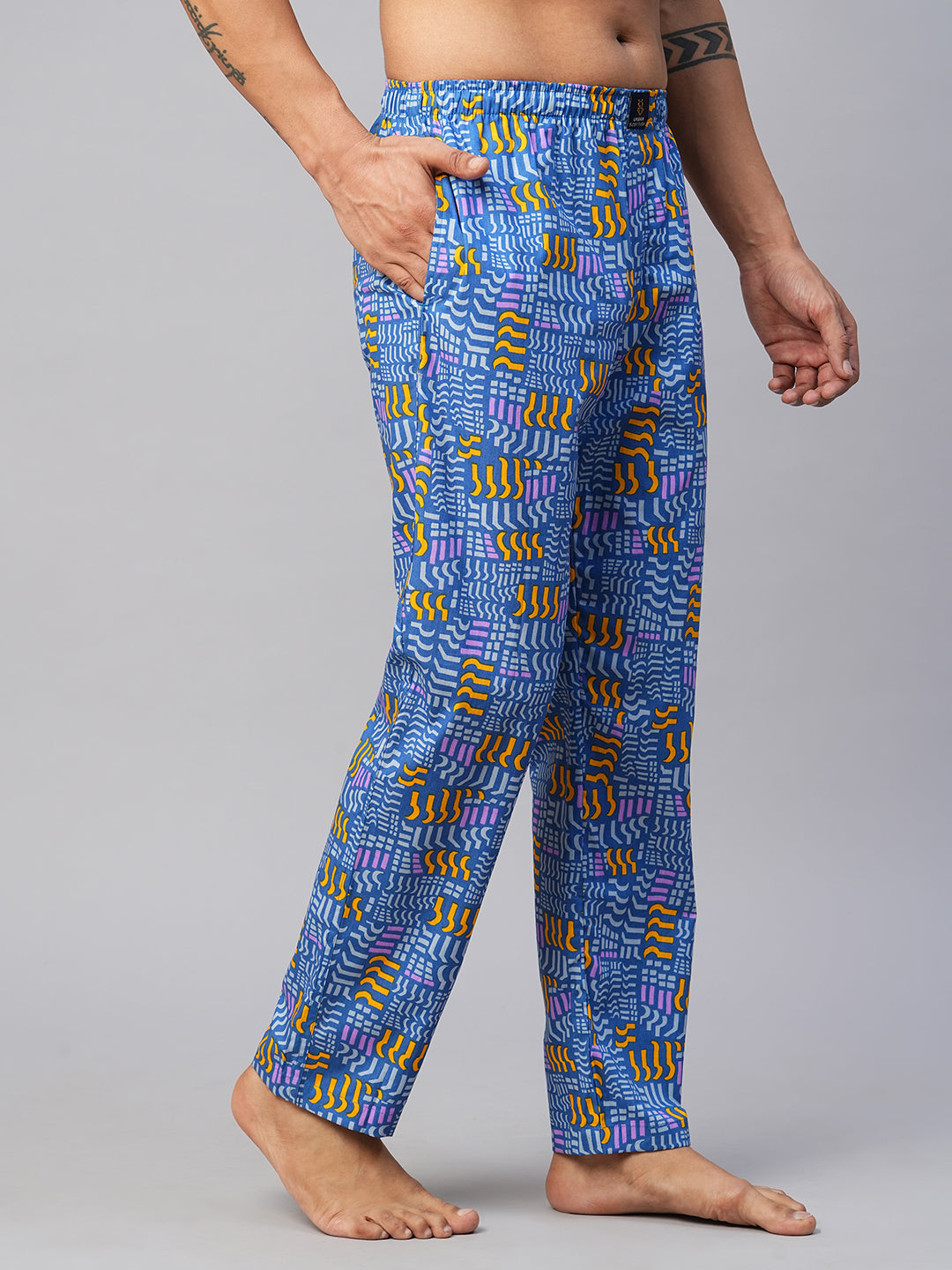 Men's Printed, Blue, Cotton, Regular Fit, Elasticated, Waistband, Pyjama  With Side Pockets