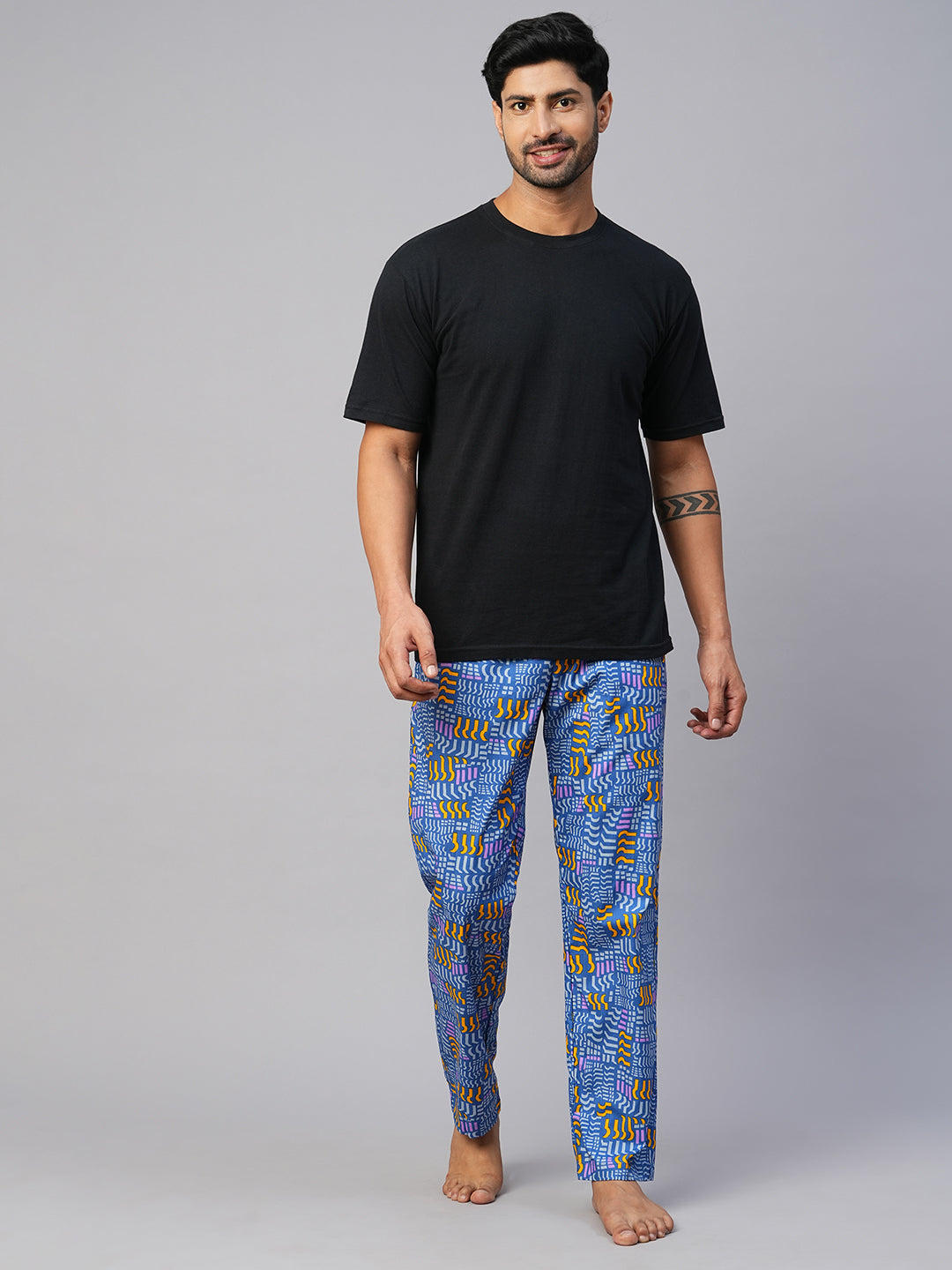 Men's Printed, Blue, Cotton, Regular Fit, Elasticated, Waistband, Pyjama  With Side Pockets