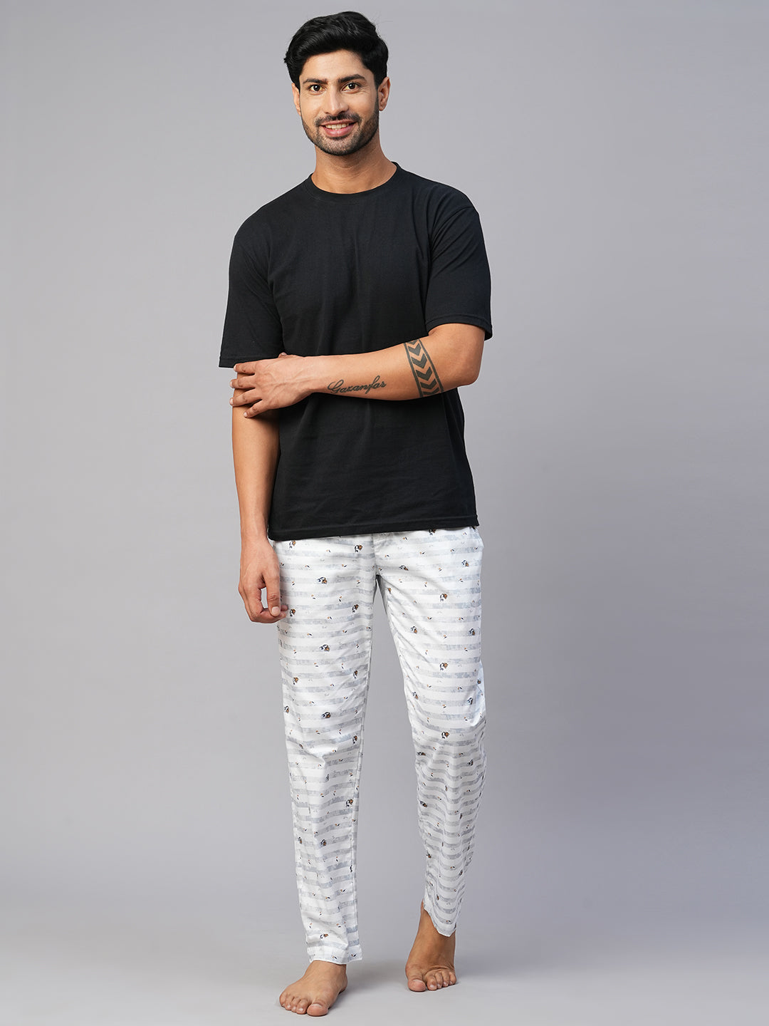 Men's Printed, White, Cotton, Regular Fit, Elasticated, Waistband, Pyjama  With Side Pockets
