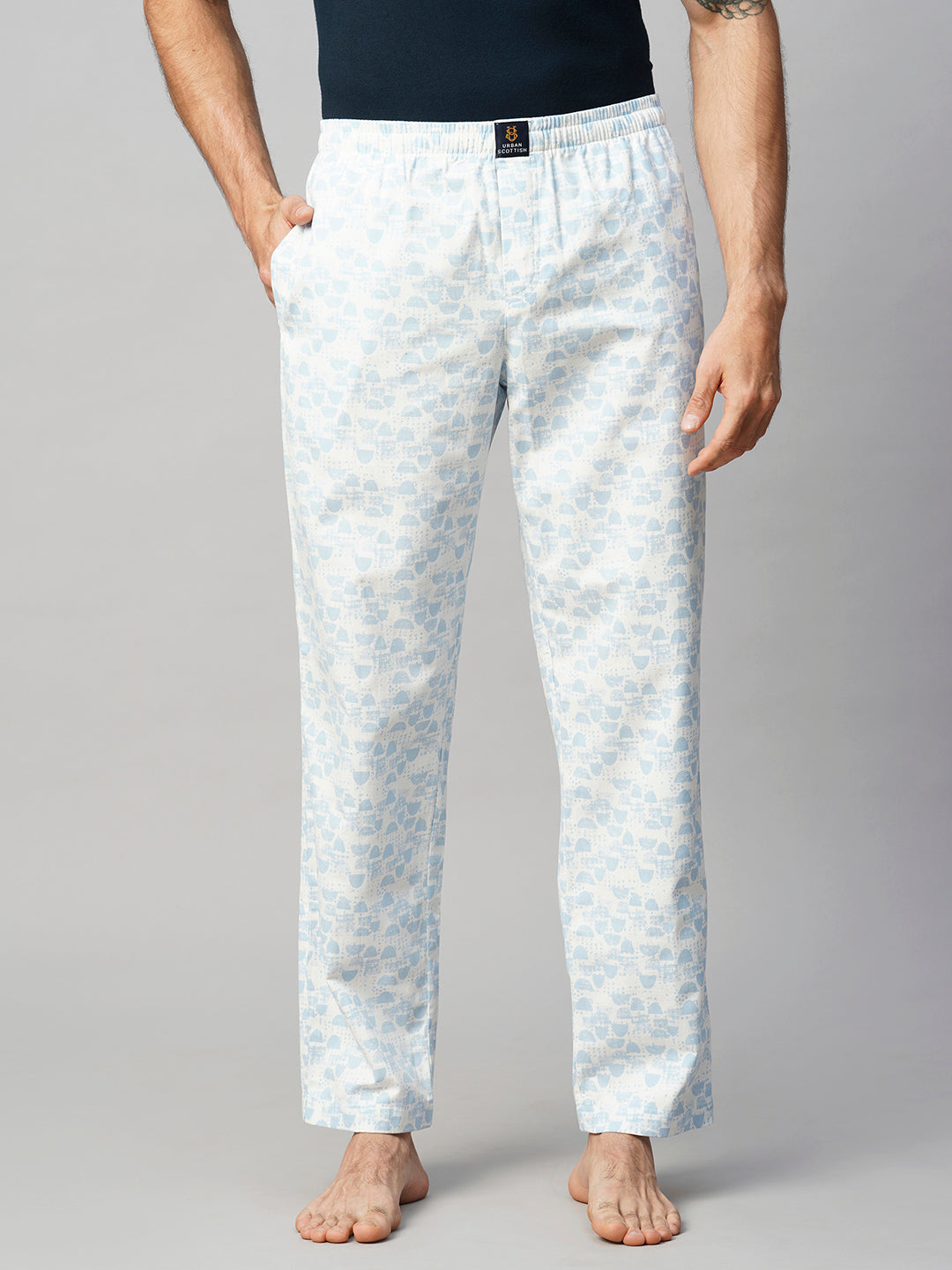 Men's Printed, Blue, Cotton, Regular Fit, Elasticated, Waistband, Pyjama  With Side Pockets