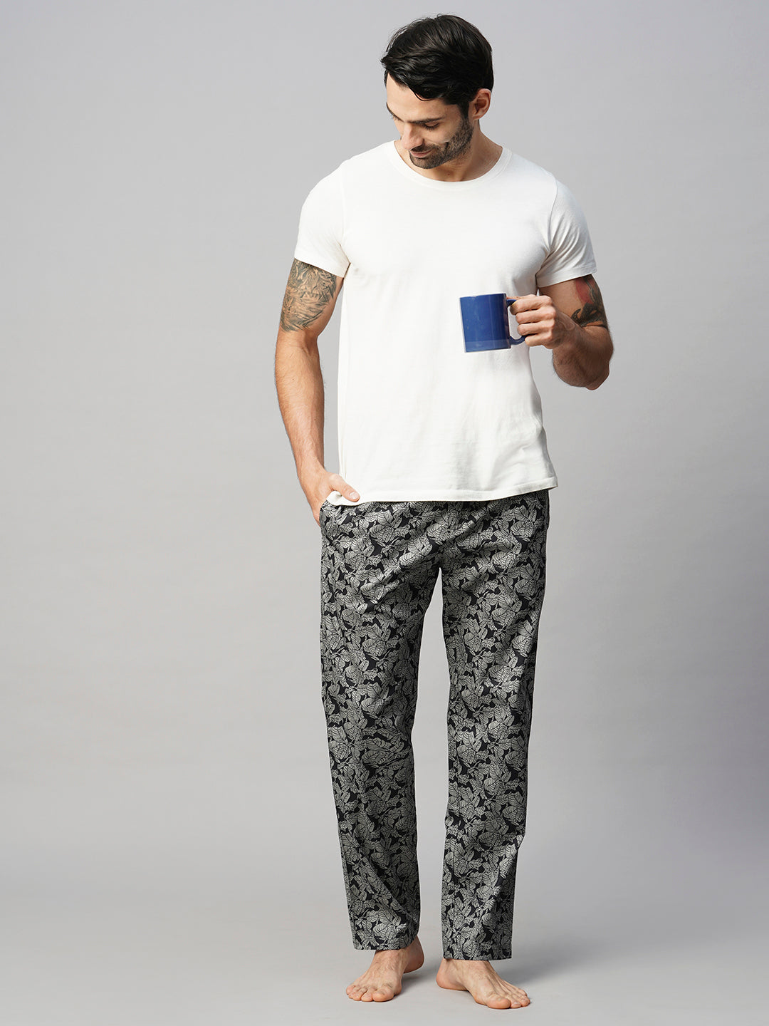 Men's Printed, Grey, Cotton, Regular Fit, Elasticated, Waistband, Pyjama  With Side Pockets
