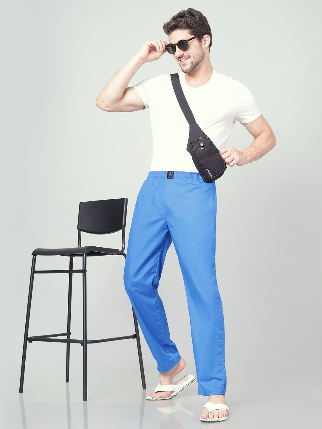 Men's Cotton Medium Blue Pyjama Regular Fit with Side Pockets