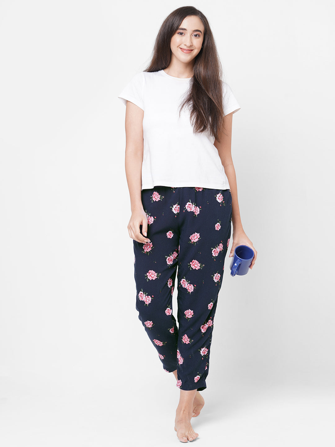 Women's Printed, Navy, Viscose, Regular Fit, Elasticated, Waistband, Pyjama  With Side Pockets